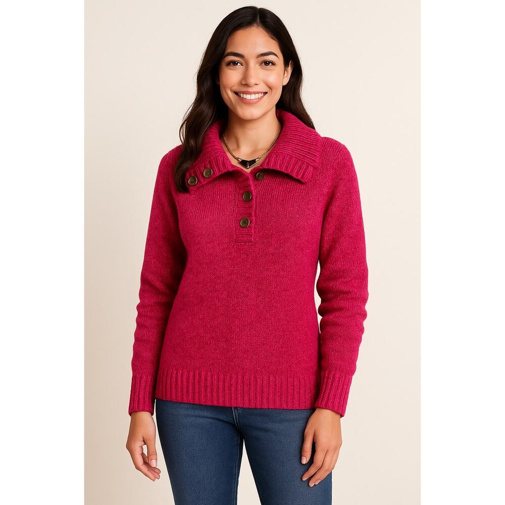 Lands’ End Fuchsia Chunky Knit Button Collar Sweater XS Made in Hong Kong Sale!!